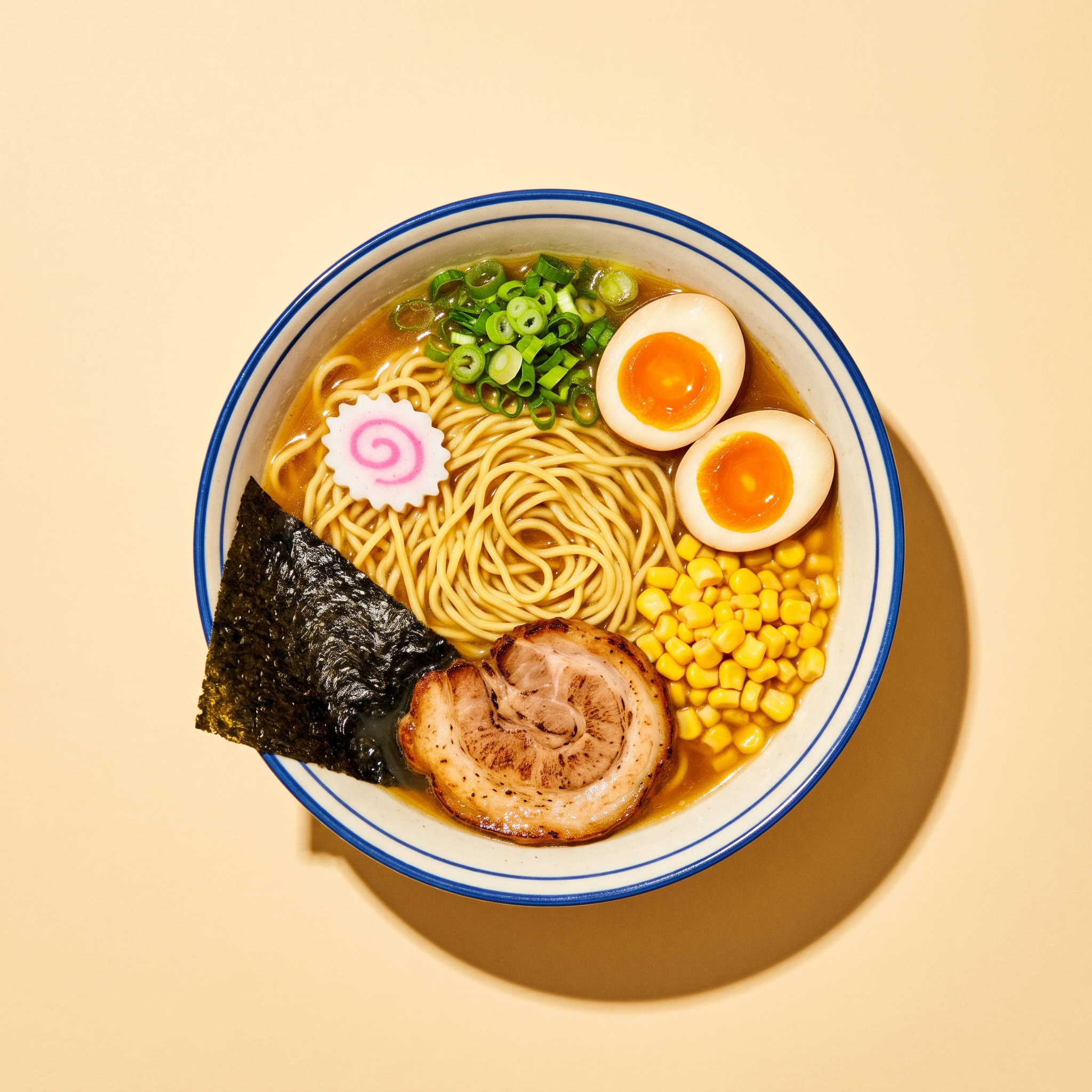 Top-down ramen bowl with golden broth and a spiral of noodles