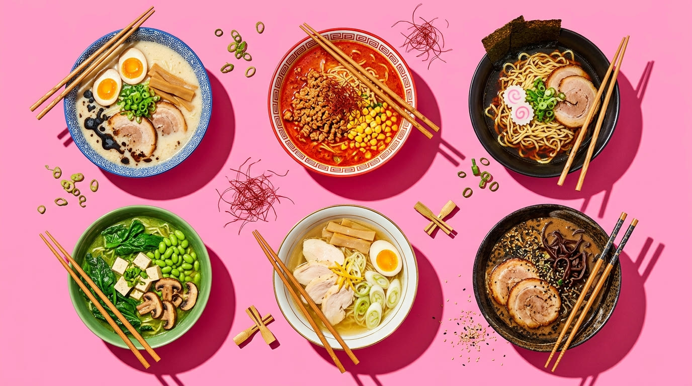 Six colorful ramen bowls arranged on a pink background