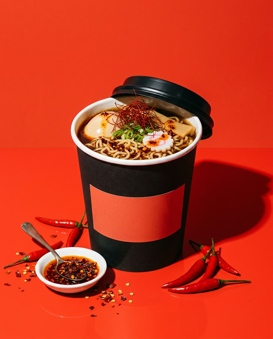 SLURP! spicy miso ramen cup with chili peppers on a red background
