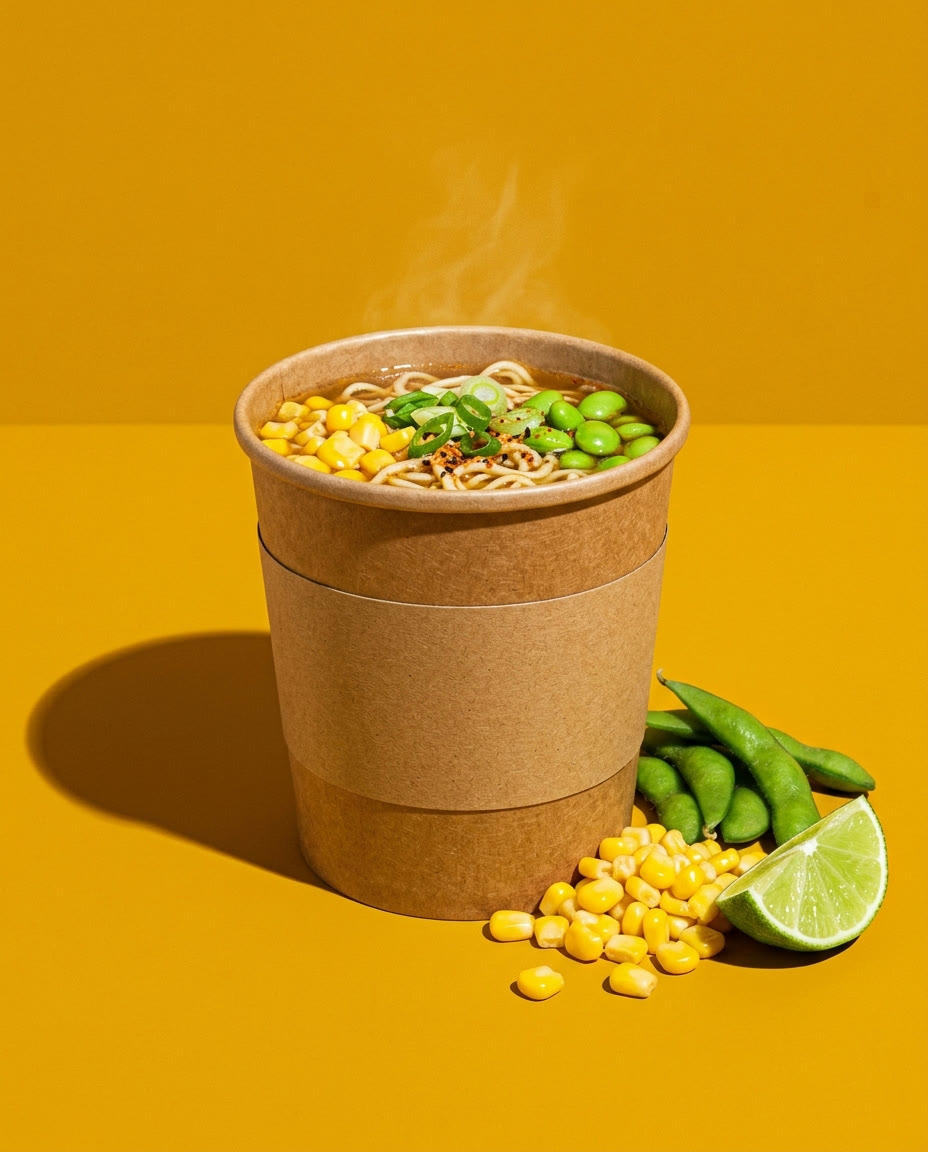 SLURP! garden shio ramen cup with corn and edamame on a yellow background