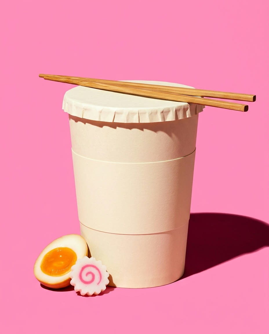 SLURP! tonkotsu ramen cup on a pink background