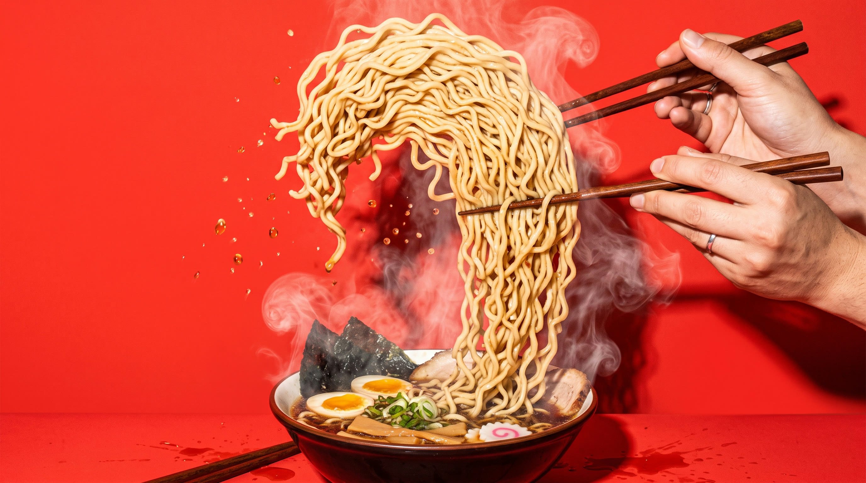 Hands pulling a wave of noodles from a bowl against a red background